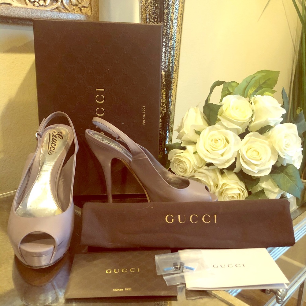 Gucci Platform Peep toe Sling Back in Taupe 38.5